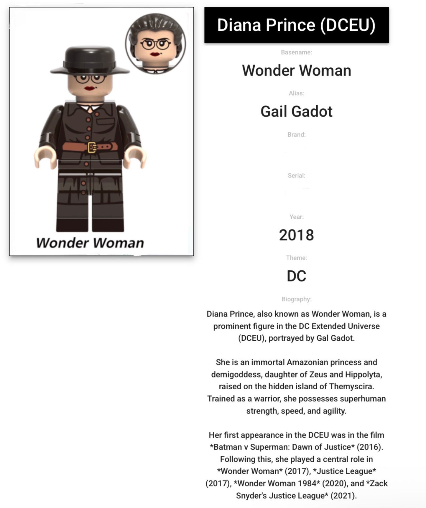MINIFIGURE DC UNIVERS DE 2018: WONDER WOMAN DIANA custom Dernière pièce