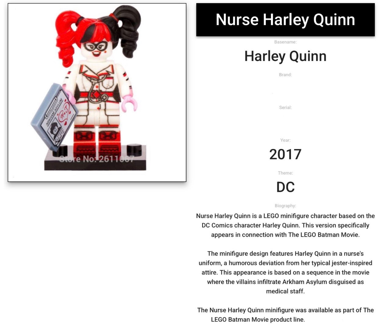 MINIFIGURE DC UNIVERS DE 2017: NURSE HARLEY QUINN custom ⚠️TRÈS RARE ⚠️Dernière pièce