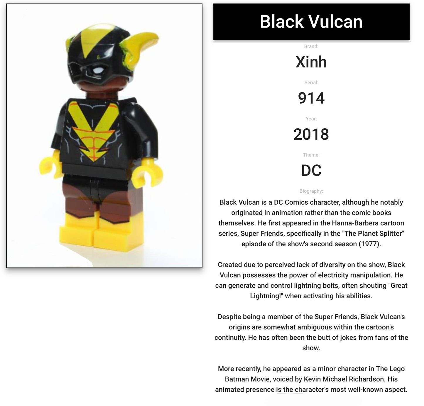 MINIFIGURE VINTAGE DC UNIVERS : BLACK VULCAN (2018)custom