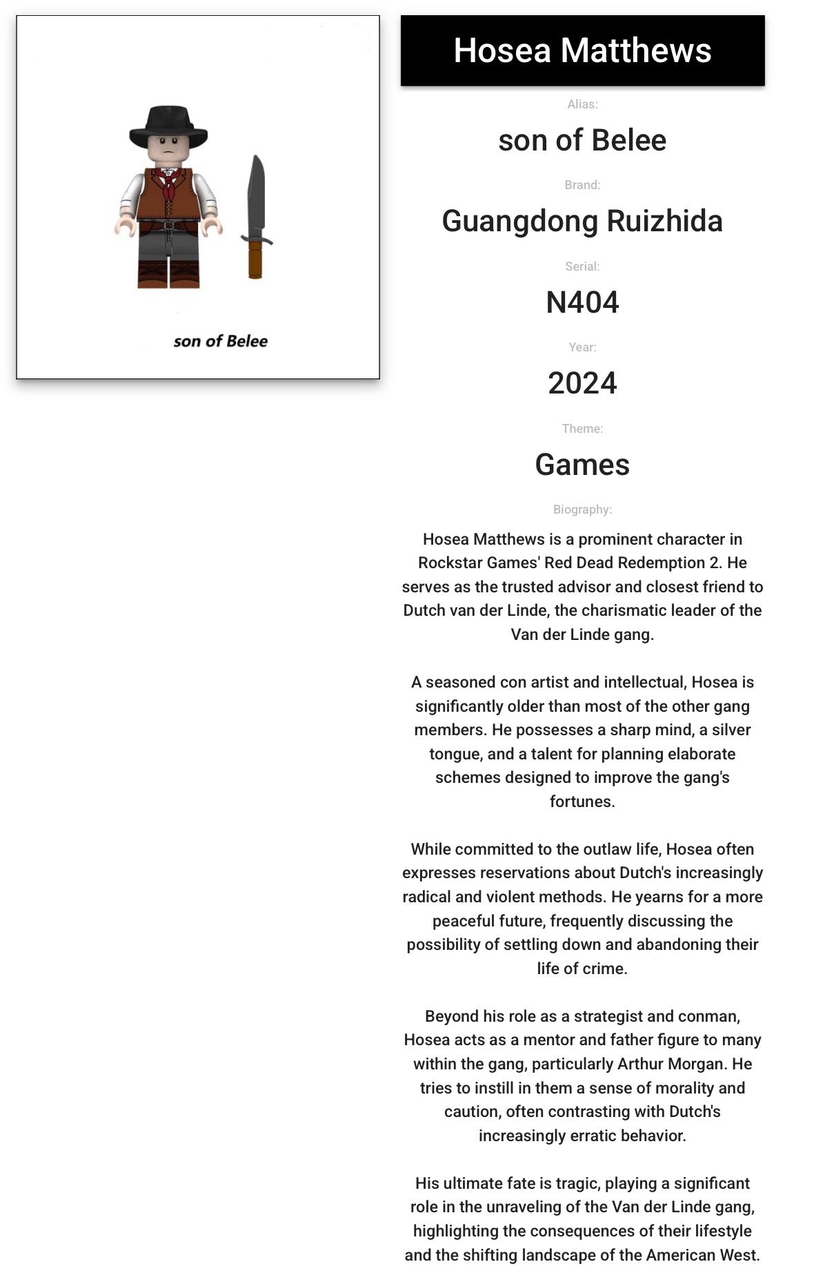 ⭐️⭐️⭐️MINIFIGURE RED DEAD REDEMPTION UNIVERS: Hosea Matthews custom