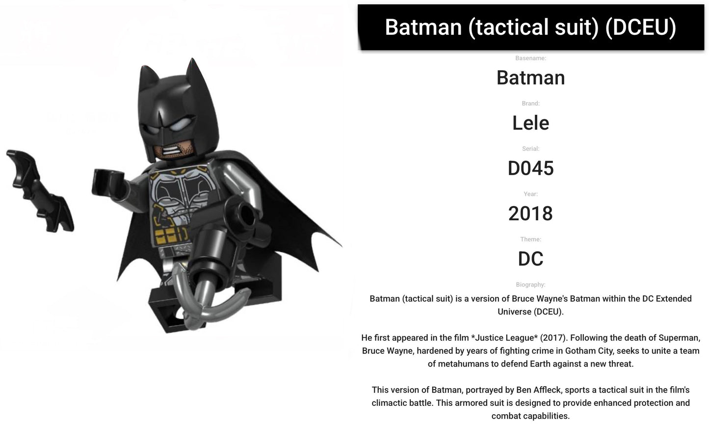 ⭐️⭐️⭐️MINIFIGURE DC UNIVERS BATMAN de 2018 : BATMAN (Tactical suit)⭐️⭐️⭐️Custom (Dernière pièce)