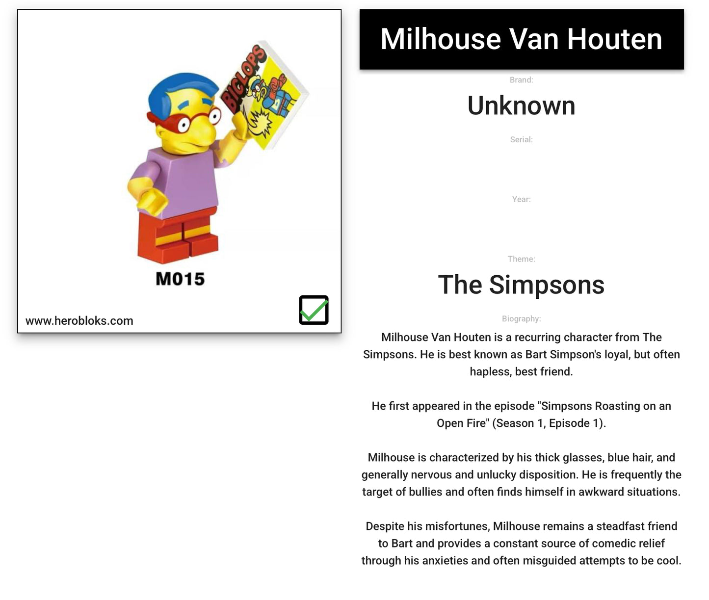 MINIFIGURE THE SIMPSON UNIVERS : MILHOUSE VAN HOUTEN custom