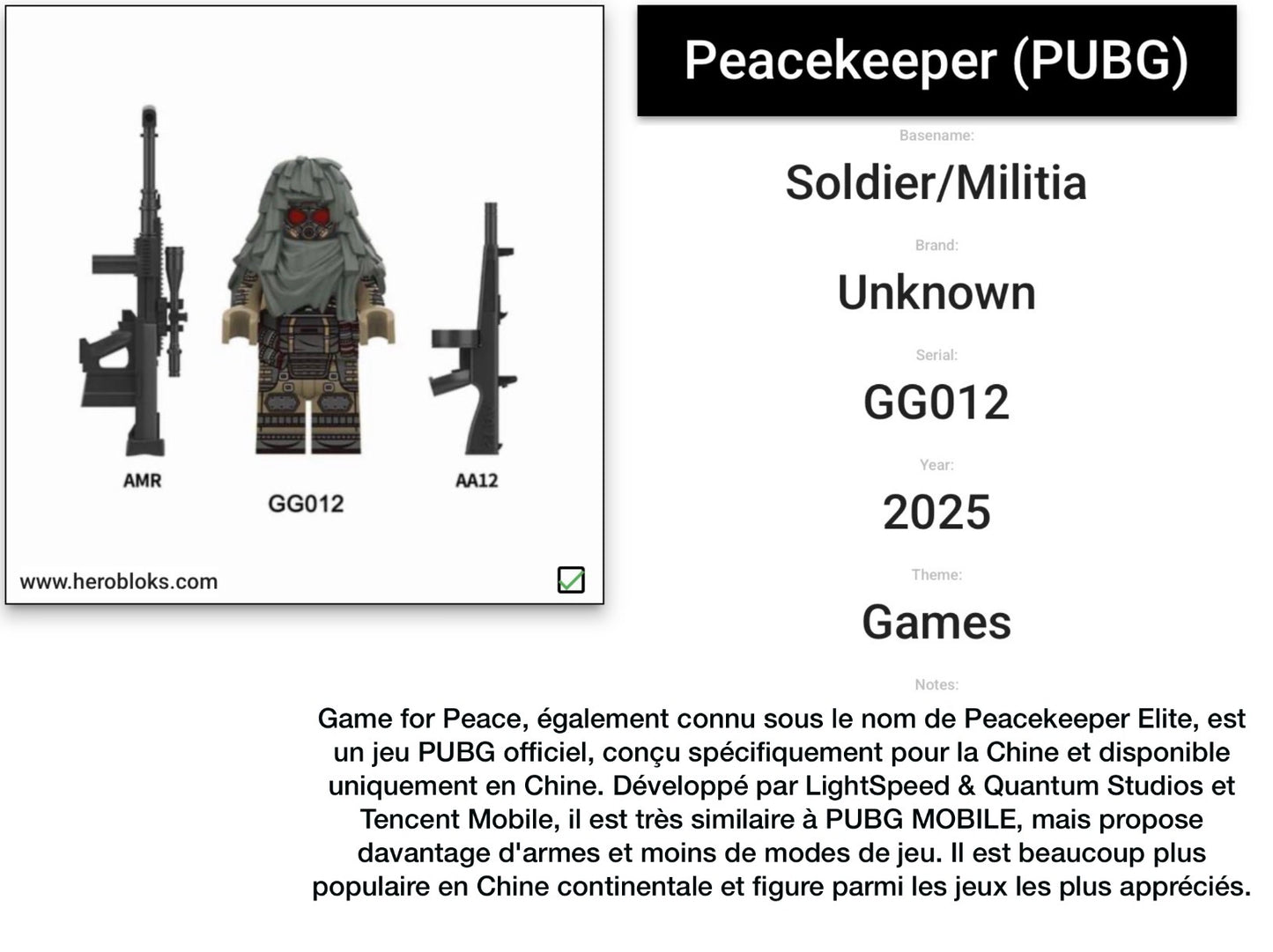 ♥️♥️MINIFIGURE VIDEO GAMES MILITAIRE UNIVERS: PEACEKEEPER (PUBG) ♥️♥️custom