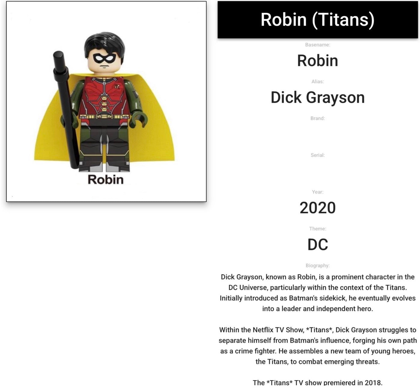 MINIFIGURE DC UNIVERS DE 2020: ROBIN (TITANS) custom ⚠️TRÈS RARE ⚠️Dernière pièce