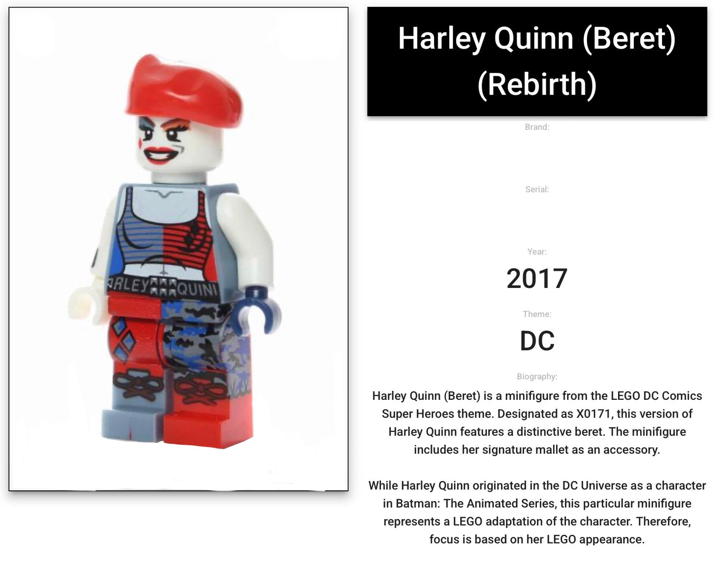 MINIFIGURE DC UNIVERS DE 2017: HARLEY QUINN (BERET) custom ⚠️TRÈS RARE ⚠️Dernière pièce