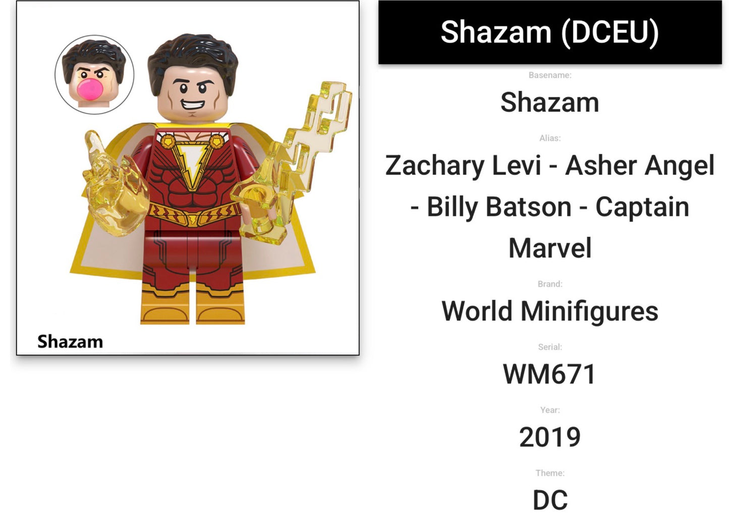 MINIFIGURE ⚠️⚠️INTROUVABLE DC UNIVERS SHAZAM ⚠️⚠️de 2019 : BILLY BATSON "SHAZAM" Custom (Dernière pièce)