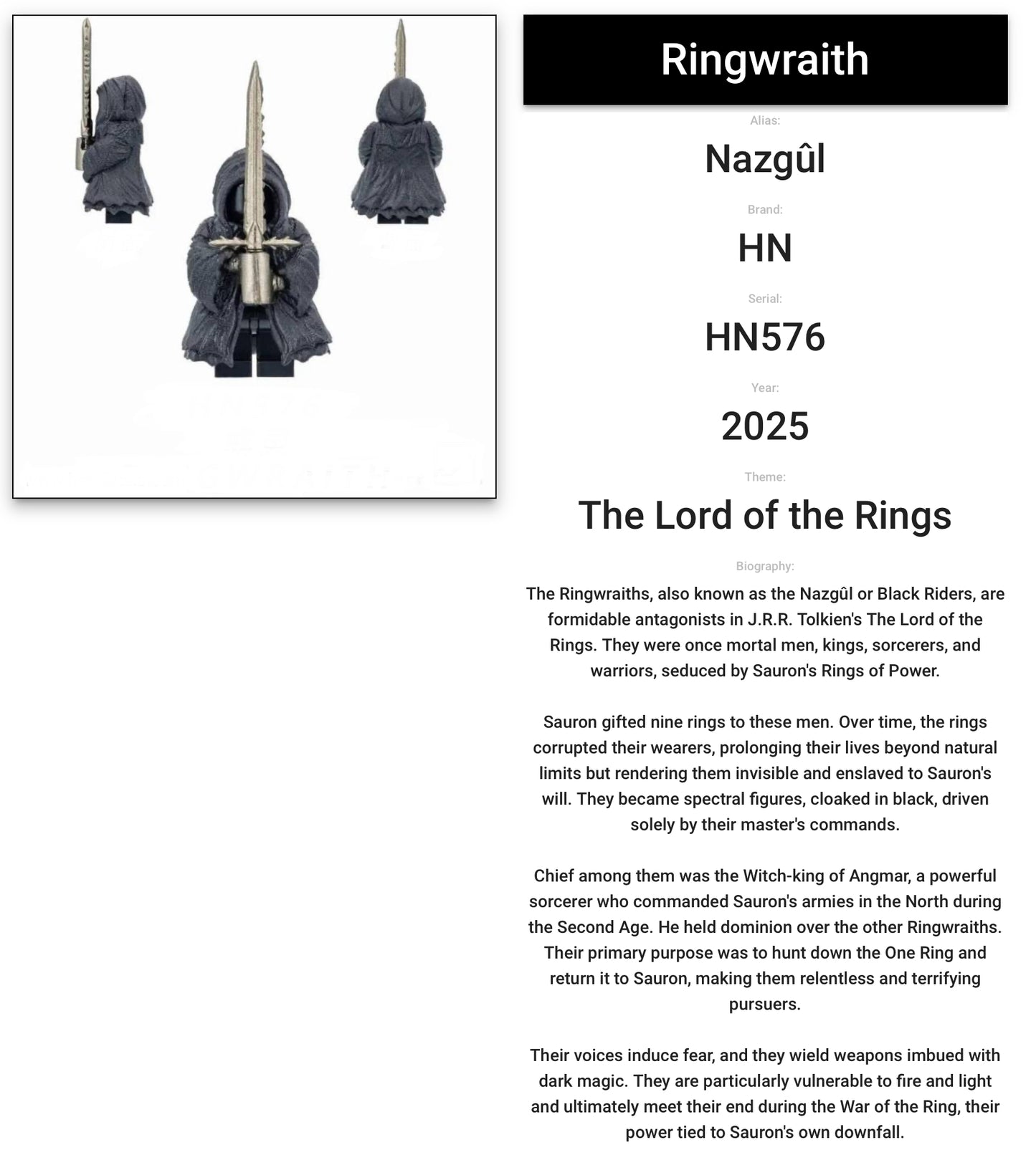 ♥️♥️♥️MINIFIGURE THE HOBBIT/LOTR UNIVERS: RINGWRAITH™ OF MORDOR ♥️♥️♥️CUSTOM