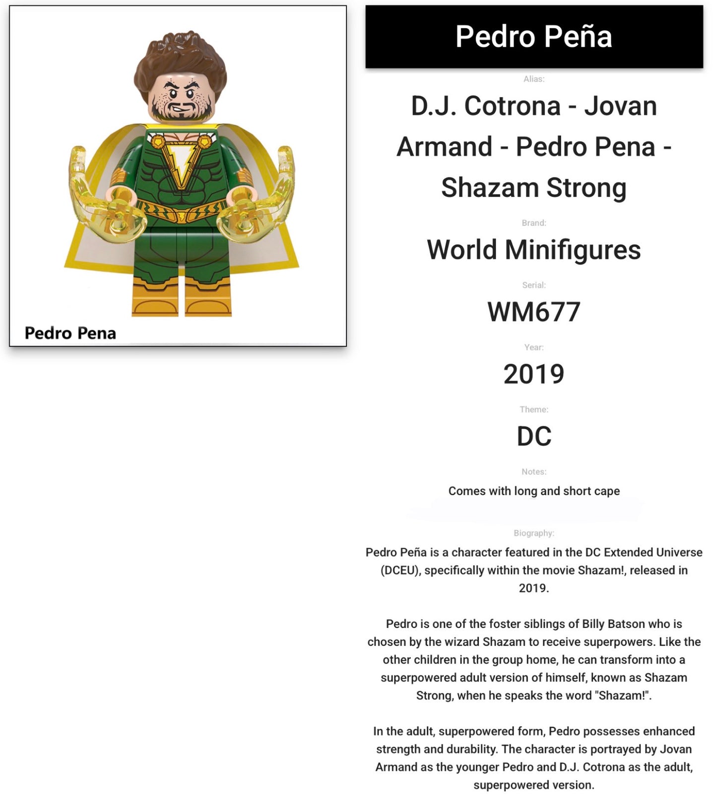 MINIFIGURE DC UNIVERS SHAZAM de 2019 : PEDRO PENA Custom (Dernière pièce)