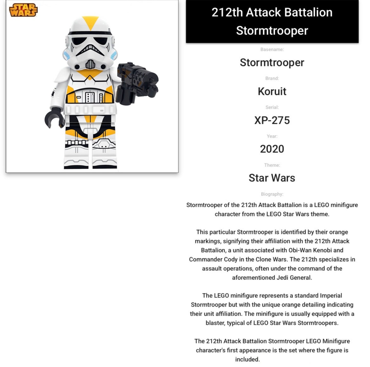 RARE MINIFIGURE STAR WARS UNIVERS DE 2020: 212th ATTACK BATTALION STORMTROOPER. CUSTOM "DERNIERE PIECE"