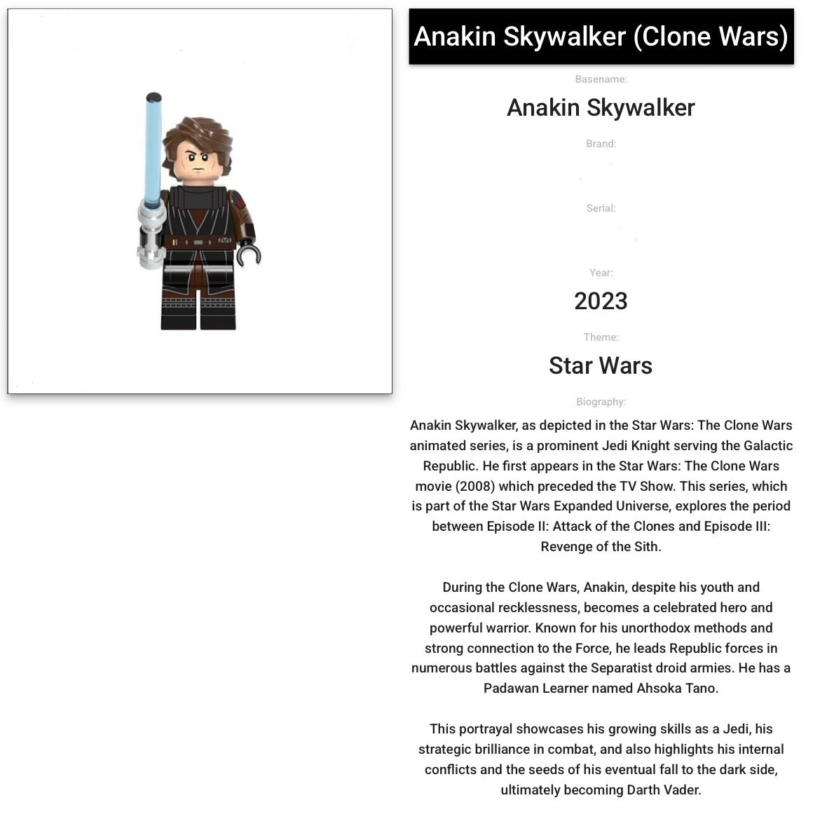 MINIFIGURE STARWARS UNIVERS(Année 2023):ANAKIN SKYWALKER (CLONE WARS) Custom