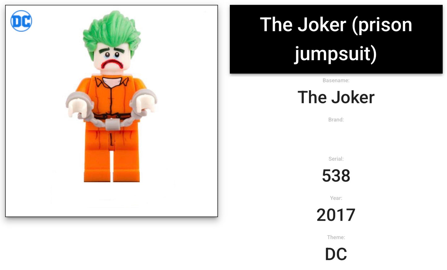 MINIFIGURE DC UNIVERS :THE JOKER (prison jumpsuit) Custom figurine de 2017