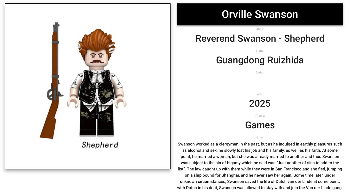 ⭐️⭐️⭐️MINIFIGURE RED DEAD REDEMPTION UNIVERS: Orville Swanson ⭐️⭐️⭐️Custom