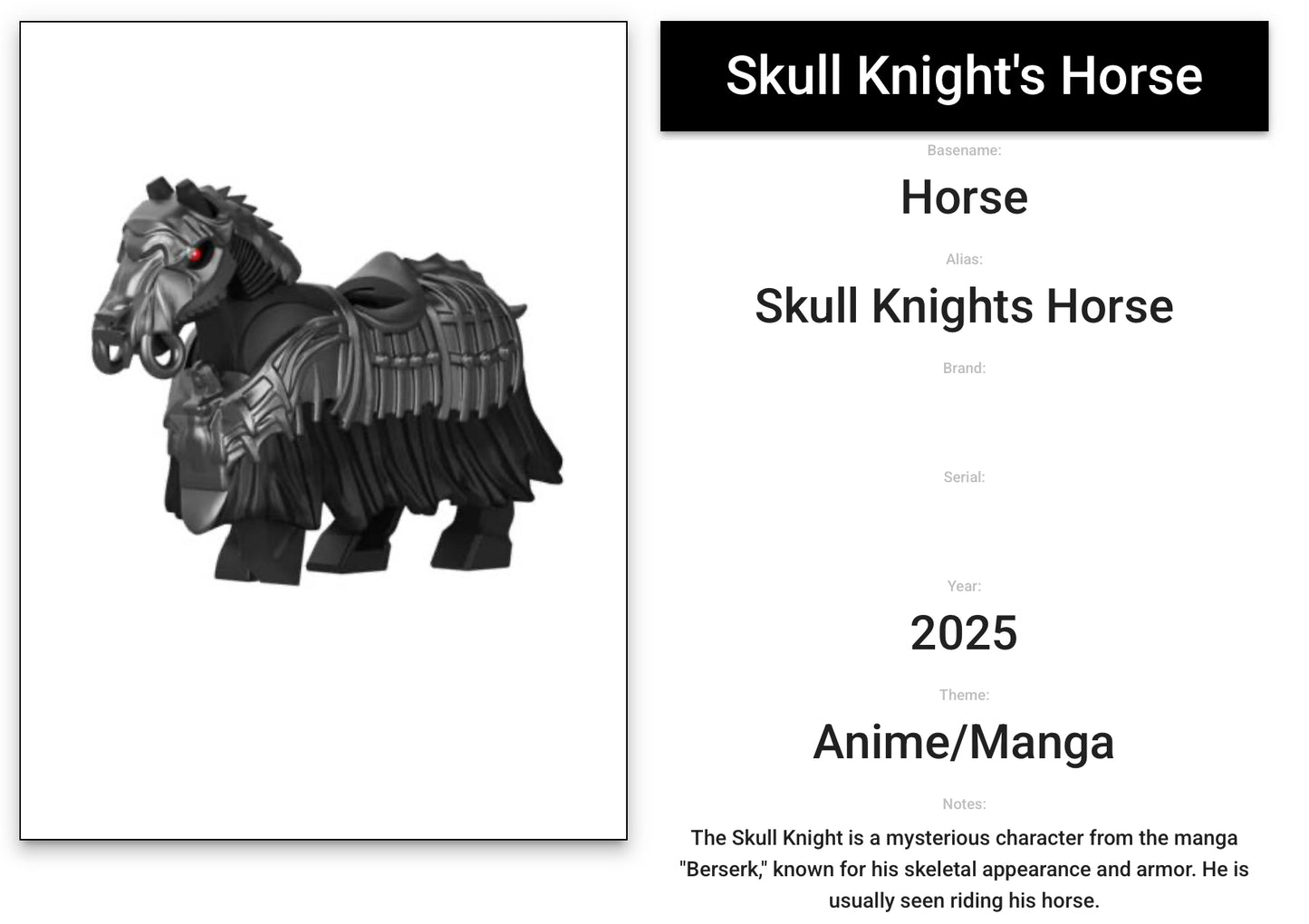 ♥️♥️♥️MINIFIGURE BERSERK UNIVERS: SKULL KNIGHT AND SKULL KNIGHT’S HORSE ♥️♥️♥️custom