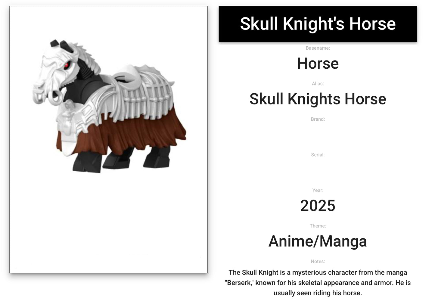 ♥️♥️♥️MINIFIGURE BERSERK UNIVERS: SKULL KNIGHT AND SKULL KNIGHT’S HORSE ♥️♥️♥️custom