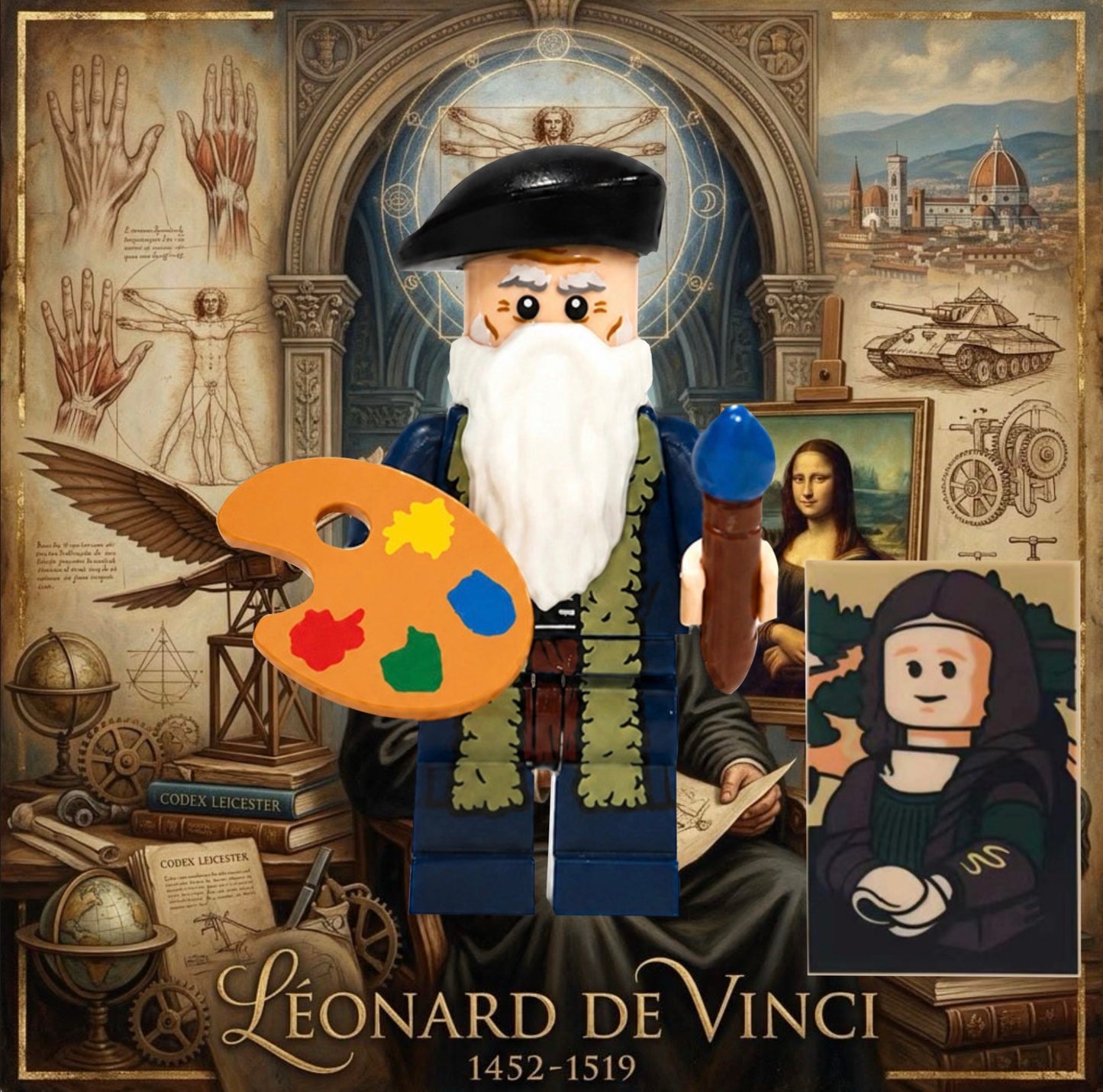 PREVENTE MINIFIGURE CÉLÉBRITÉS UNIVERS: LÉONARD DE VINCI (Mona Lisa) Custom Disponibilité fin septembre 2026