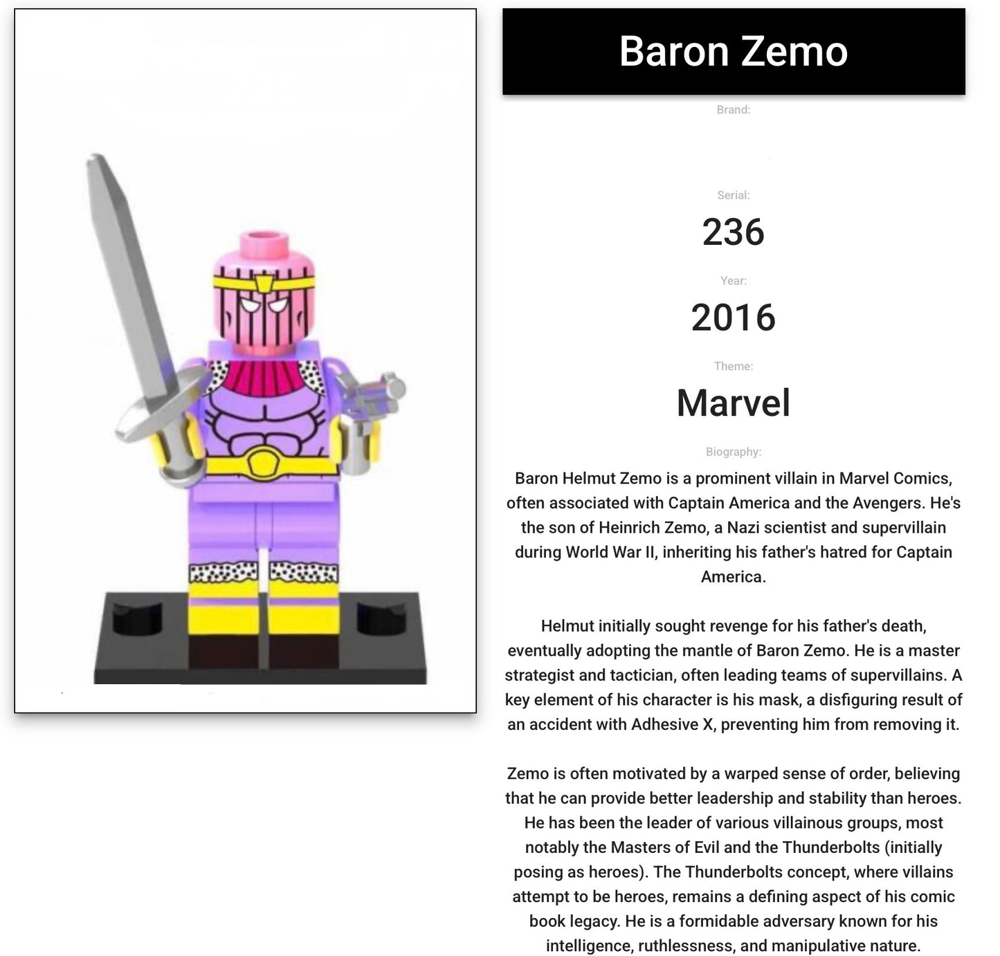 MINIFIGURE MARVEL UNIVERS: BARON ZEMO Comics (Edition 2016) custom ⚠️une seule pièce en stock