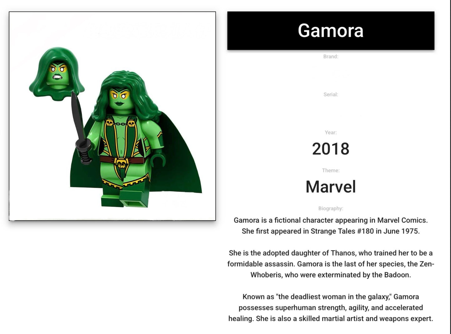 MINIFIGURE MARVEL UNIVERS: GAMORA (VERSION MARVEL/CAPCOM)  custom 2018 ⚠️INTROUVABLE ⚠️Dernière pièce