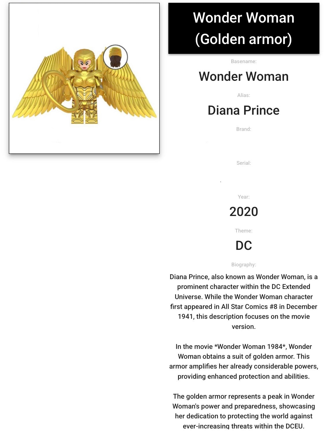 ♥️♥️DIFFICILE À TROUVER ♥️♥️MINIFIGURE DC UNIVERS DE 2020: WONDER WOMAN 1984 CUSTOM