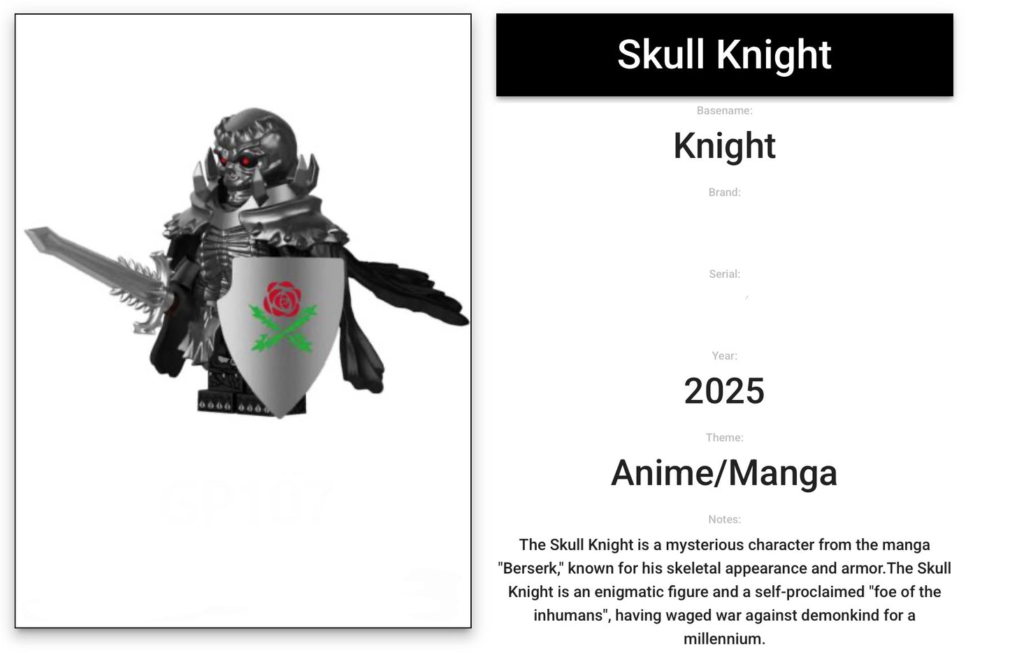 ♥️♥️♥️MINIFIGURE BERSERK UNIVERS: SKULL KNIGHT AND SKULL KNIGHT’S HORSE ♥️♥️♥️custom