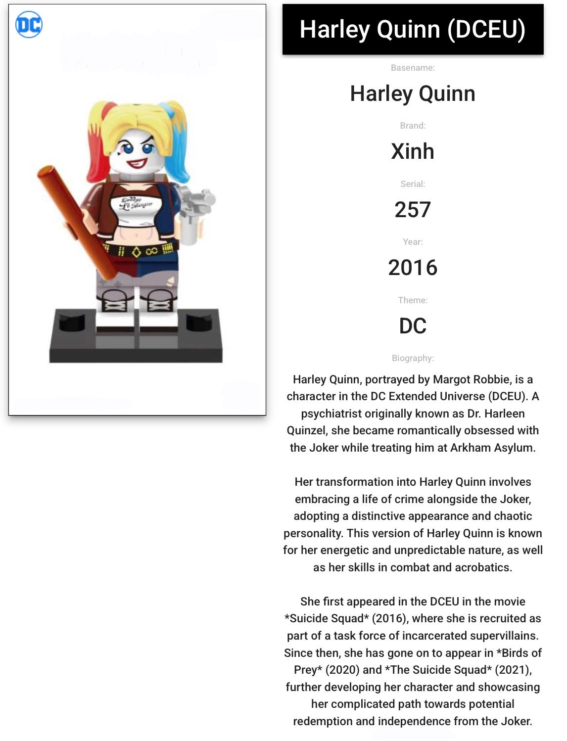 ⭐️⭐️⭐️MINIFIGURE DC UNIVERS BATMAN de 2016 :  HARLEY QUINN ⭐️⭐️⭐️Custom (Dernière pièce)