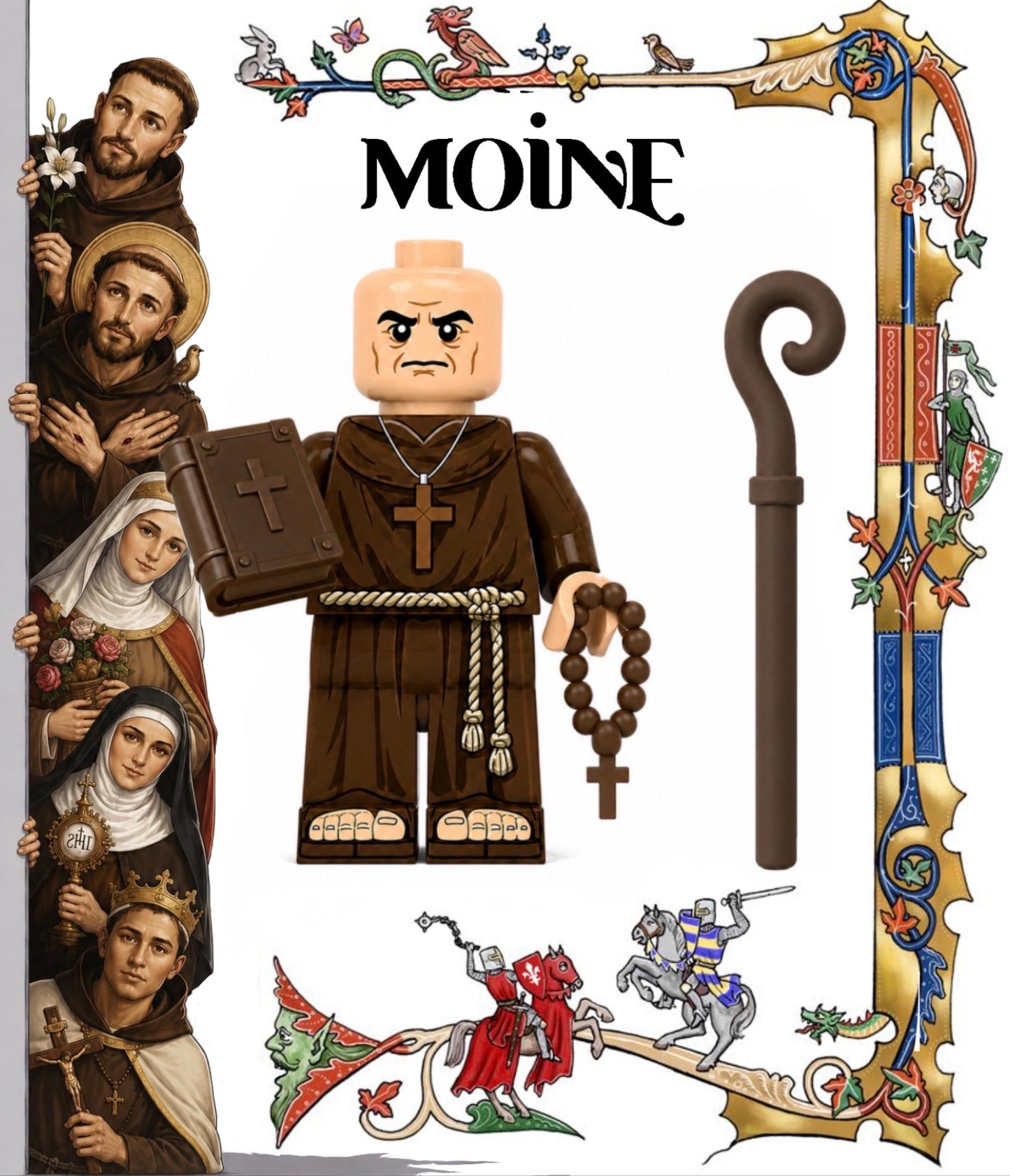 PREVENTE MINIFIGURE MÉDIÉVAL UNIVERS: MOINE AVEC BÂTON Custom Disponibilité fin septembre 2026