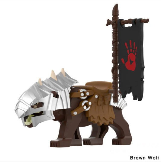 MINIFIGURE LORD OF THE RING/HOBBIT UNIVERS: WARG BROWN WITH FLAG ORC CUSTOM