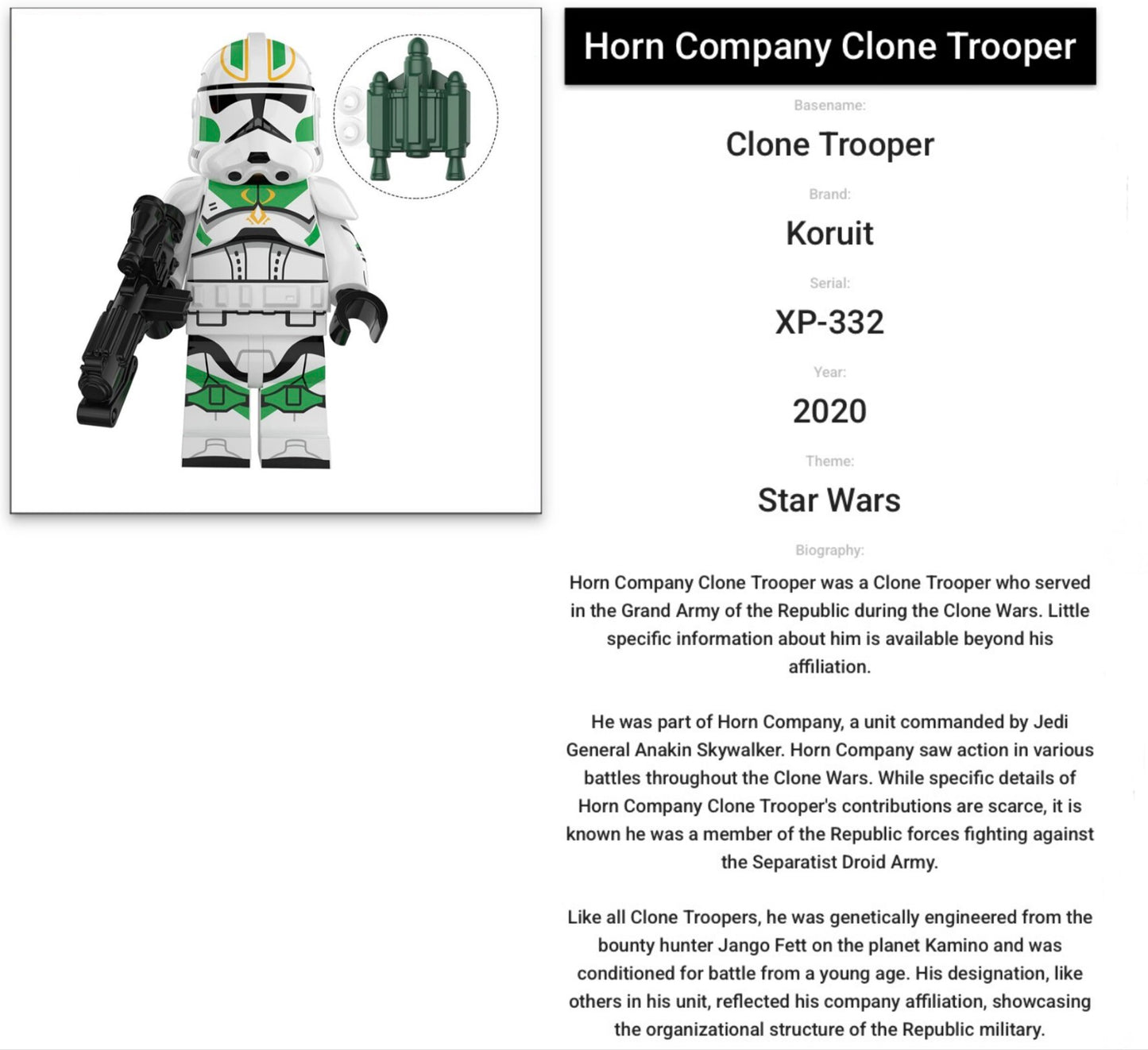 MINIFIGURE STAR WARS UNIVERS DE 2020: HORN COMPANY CLONETROOPER CUSTOM  "DERNIERE PIECE "