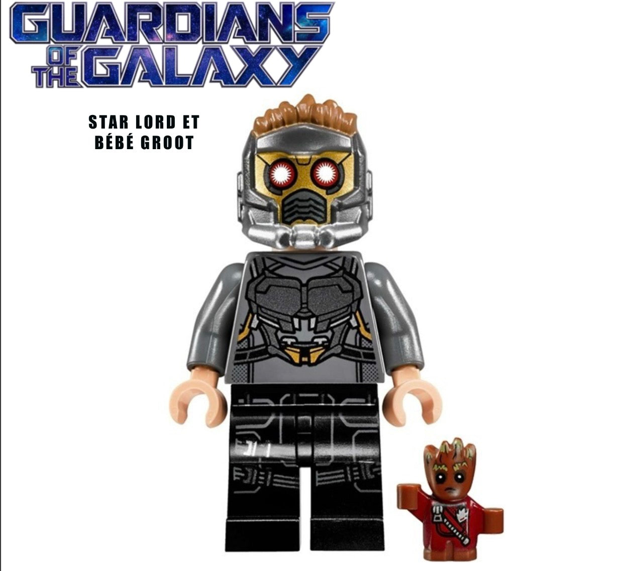 MINIFIGURE GUARDIAN OF THE GALAXY: STAR LORD ET BÉBÉ GROOT custom 2017 ⚠️Dernière pièce