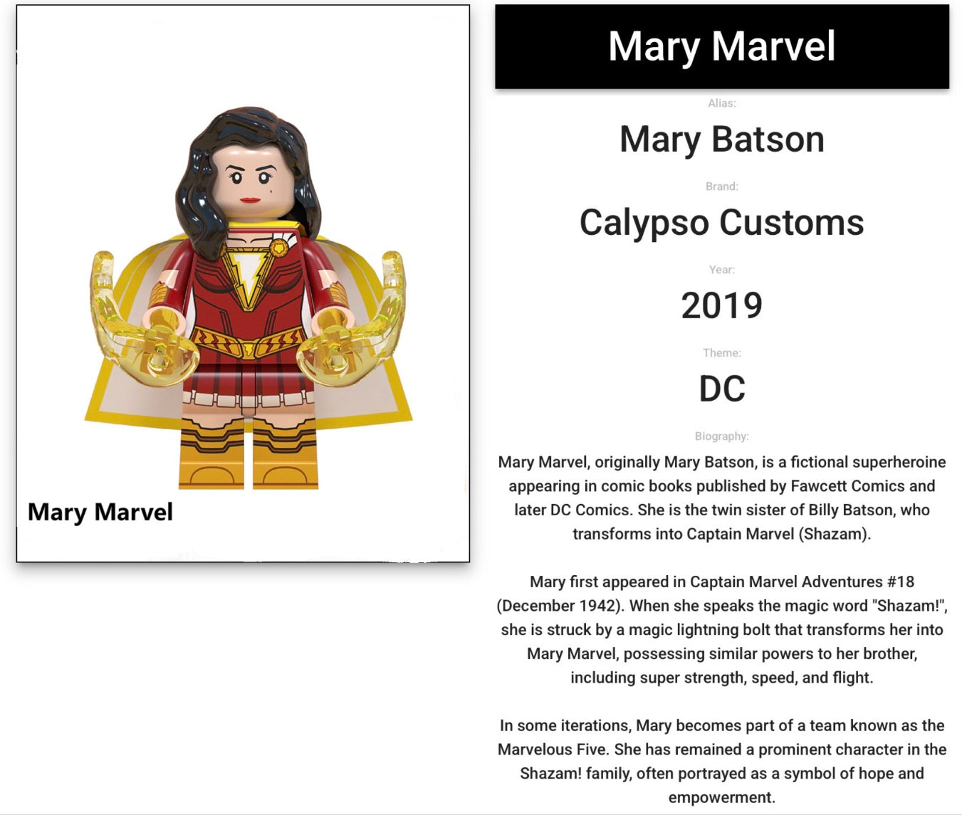 MINIFIGURE ⚠️⚠️INTROUVABLE DC UNIVERS SHAZAM ⚠️⚠️de 2019 :  MARY BRONDFIELD "Mary  Marvel" Custom (Dernière pièce)