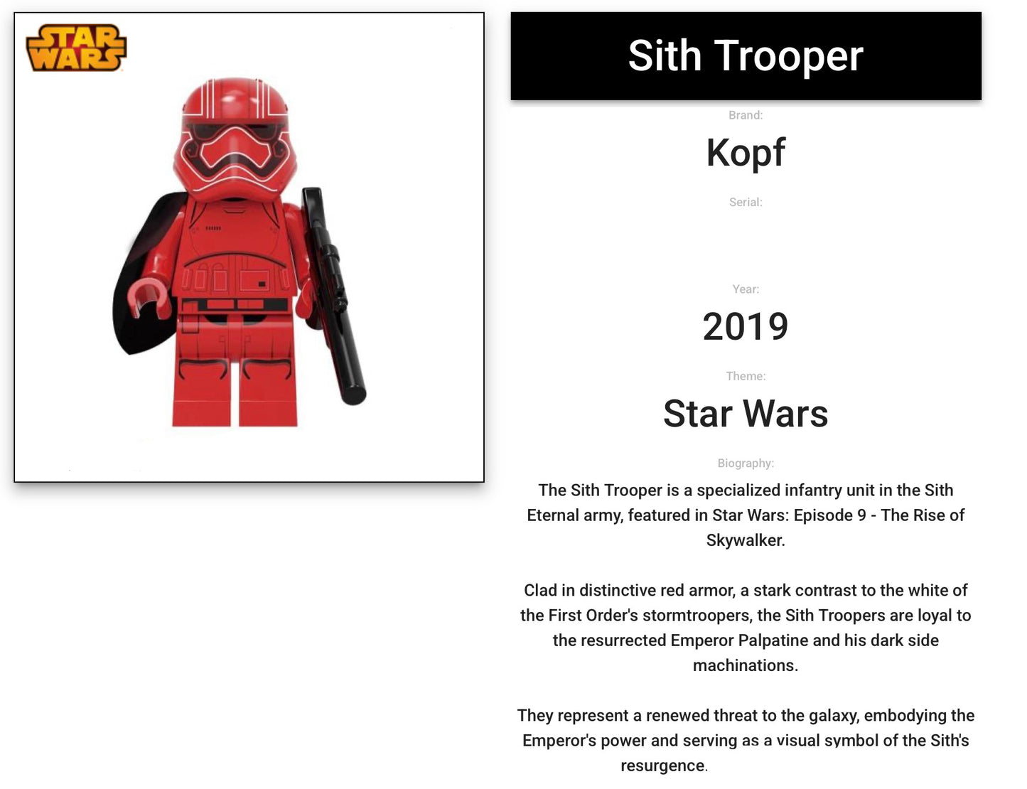 TRES RARE MINIFIGURE STAR WARS UNIVERS de 2019: SITH STOOPER CUSTOM "DERNIERE PIECE"