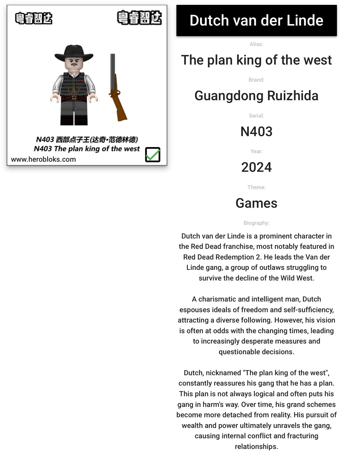 ⭐️⭐️⭐️MINIFIGURE RED DEAD REDEMPTION UNIVERS: Dutch van der Linde custom