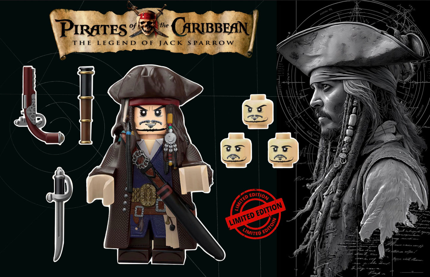 SUPERBE⭐️⭐️⭐️MINIFIGURE DISNEY UNIVERS EDITION LIMITÉE : JACK SPARROW (Version B)⭐️⭐️⭐️custom