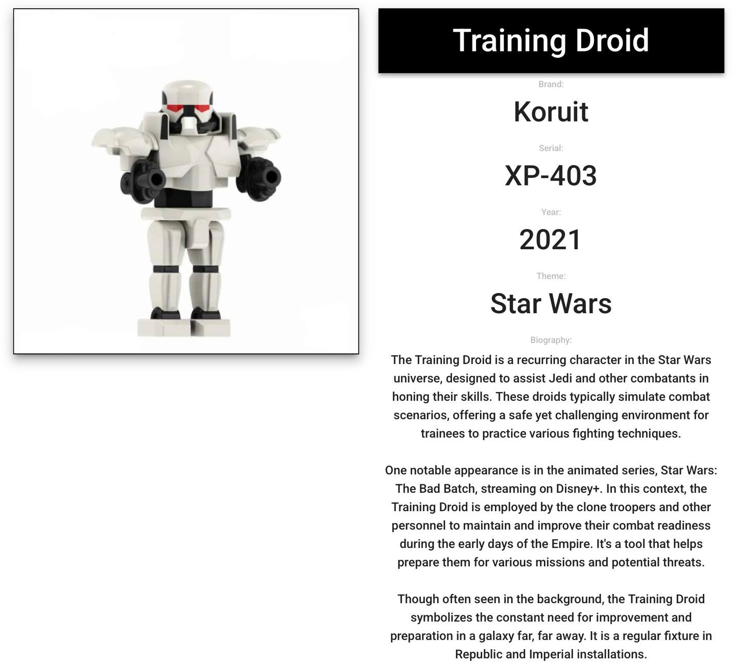 MINIFIGURE STAR WARS UNIVERS: IMPERIAL SENTRY DROID (Training Droid) Custom "DIFFICILE A TROUVER "